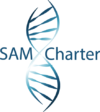 Blue SAM CHARTER text with a DNA Strand